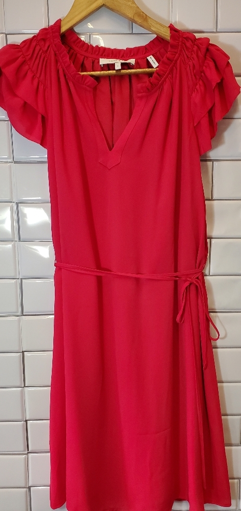Women's Ruffle-Sleeve V-Neck Dress - Hot Pink